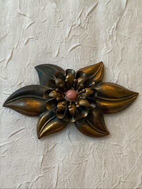Vintage Floral Metal Brooch with Stone Center